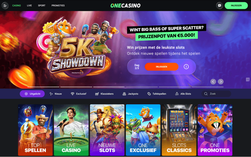 Screenshot van de homepage van One Casino Nederland met casinospellen en aanbiedingen
