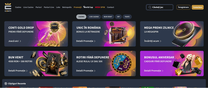 Pagina de promoții Conti Cazino cu bonus de bun venit, rotiri fără depunere, Gold Drop și Mega Spin