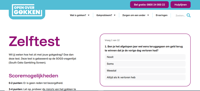 Zelftest voor vroegtijdige signalering van gokproblemen De zelftest op de website OpenOverGokken in 12 stappen brengt de risico's van kansspelen in kaart