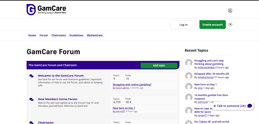 GamCare Forum – Online Peer Support GamCare online forum interface with user discussions and topics