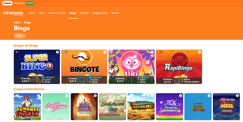 Botemanía bingo online Sección de bingo Botemanía con juegos y premios disponibles