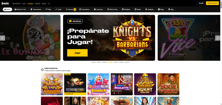 Pantalla principal del casino bwin con juegos destacados y navegación