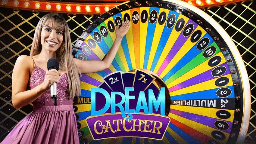Το Dream Catcher της Evolution με παρουσιάστρια και τον πολύχρωμο τροχό πολλαπλασιαστών του παιχνιδιού.