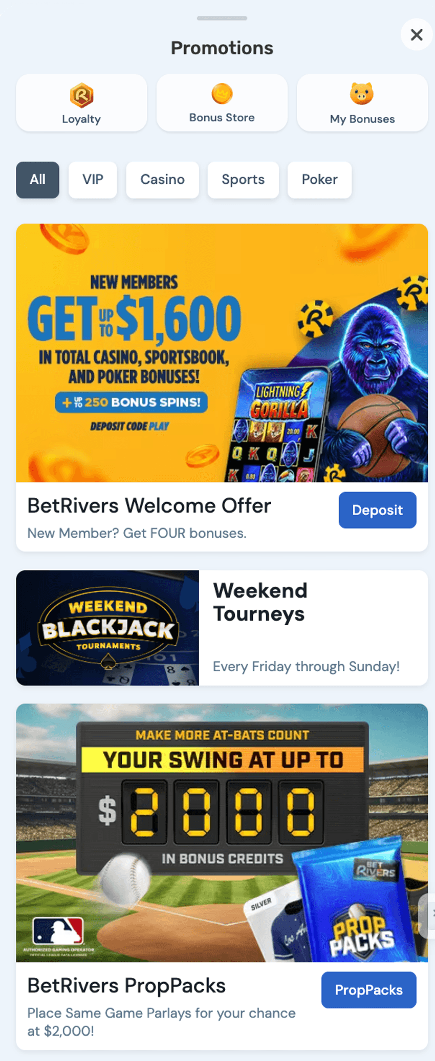 BetRivers Casino West Virginia promotions page showcasing welcome offers, bonus deals, and ongoing player rewards.