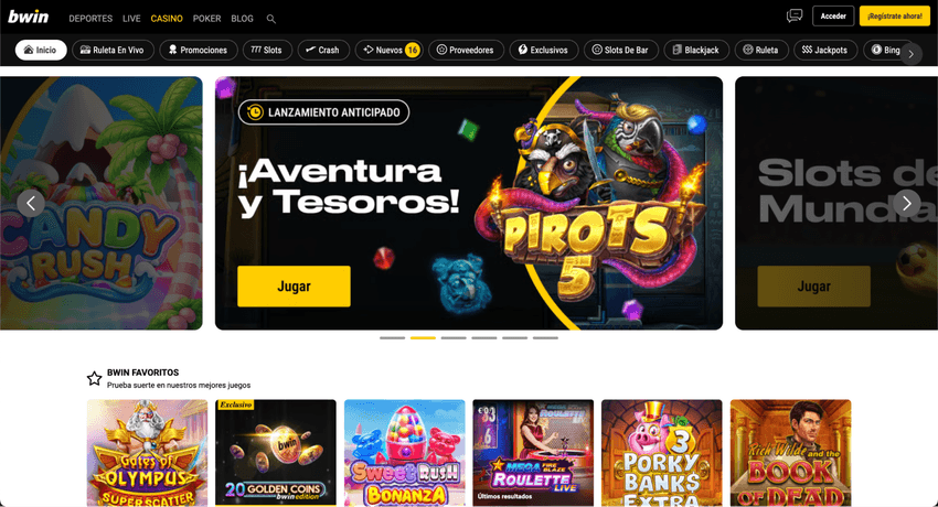 Página principal del casino bwin con acceso a slots, jackpots, blackjack, ruleta y promociones.