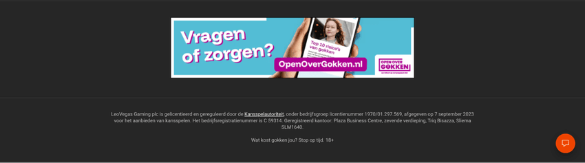 Screenshot van de footer van LeoVegas Casino met Kansspelautoriteit vergunning en 18+ melding