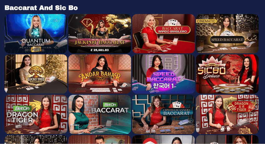 Συλλογή Baccarat και Sic Bo της Playtech με Quantum Baccarat, Jackpot Baccarat, Speed Baccarat, Andar Bahar και Dragon Tiger.