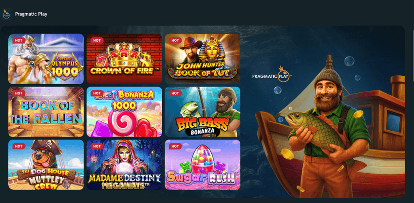 Selecție de sloturi Pragmatic Play la King Casino cu Gates of Olympus 1000, Sweet Bonanza 1000, Big Bass Bonanza și Sugar Rush.