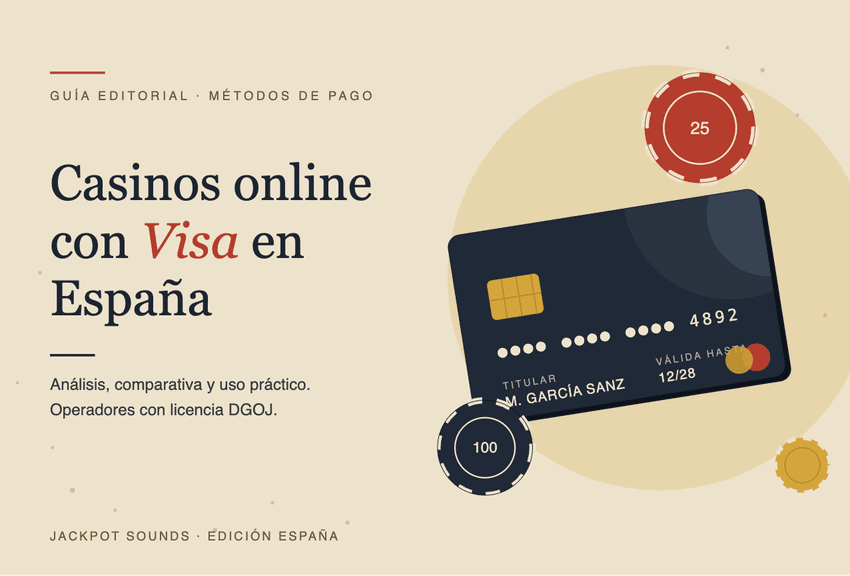 Casinos online con Visa en España — guía editorial Ilustración editorial con tarjeta bancaria genérica y fichas de casino sobre fondo crema, para una guía sobre casinos online con Visa en España