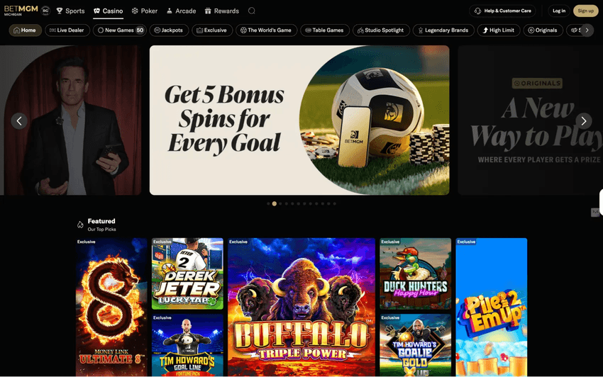 BetMGM Casino homepage with featured promotions, exclusive games, and casino categories