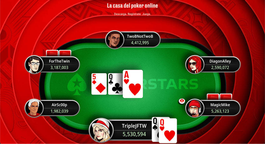 Mesa de póker online de PokerStars con varios jugadores y cartas comunitarias en una partida multijugador.
