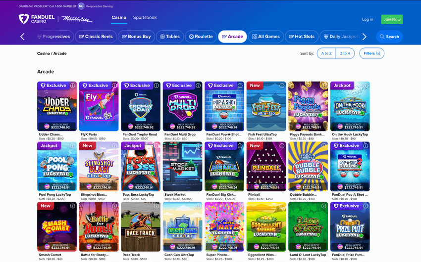 FanDuel MI arcade games screenshot Screenshot of FanDuel Casino Michigan arcades section