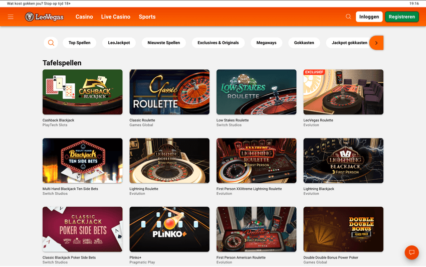 Screenshot van de tafelspellenpagina van LeoVegas met blackjack en roulette