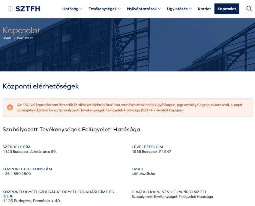 SZTFH – Kapcsolat és hivatalos elérhetőségek SZTFH központi elérhetőségek oldala