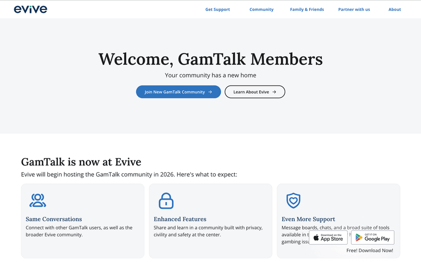 GamTalk/Evive — Online Gambling Support Community GamTalk online community banner with support options on Evive