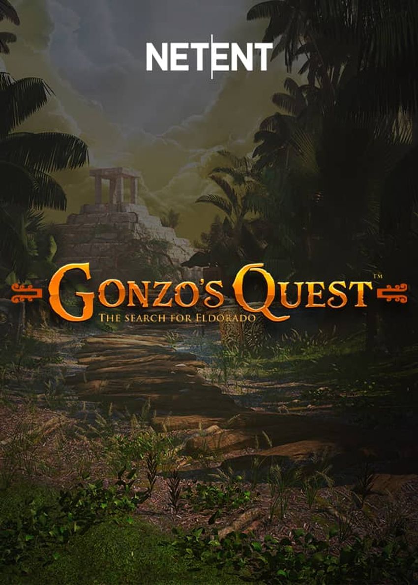 Gonzo's Quest της NetEnt Εξώφυλλο του Gonzo's Quest της NetEnt με το λογότυπο του παιχνιδιού σε σκηνικό ζούγκλας και χαμένου ναού.