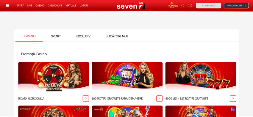 Seven – promoții casino Pagina de promoții Seven în secțiunea Casino, cu oferte precum Roata Norocului și 100 rotiri gratuite fără depunere