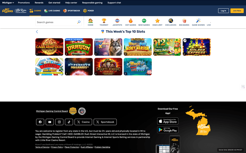 BetRivers online casino slots page in Michigan showing Legal Online Slots in Michigan such as Cash Eruption, Huff N’ Puff Money Mansion, Hypernova Megaways, Wolf Prime X UP, and Loteria Don Clemente: Collect’Em
