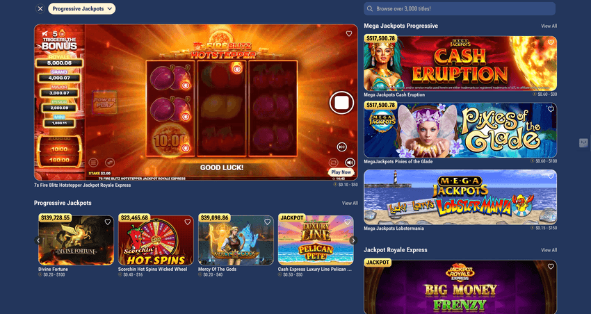 Screenshot of Horseshoe progressive jackpot slots section