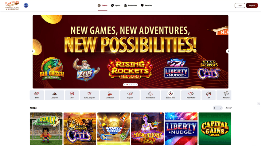 Four Winds Casino Michigan Homepage Four Winds Casino Michigan homepage featuring casino promotions, featured games, and account navigation options.