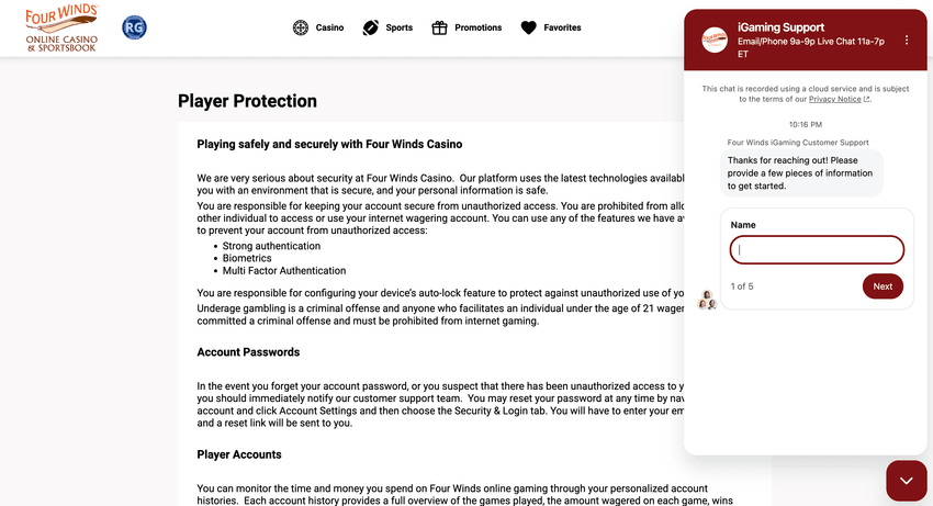 Four Winds Casino Michigan live chat screen Screenshot of the live chat support feature at Four Winds Casino Michigan