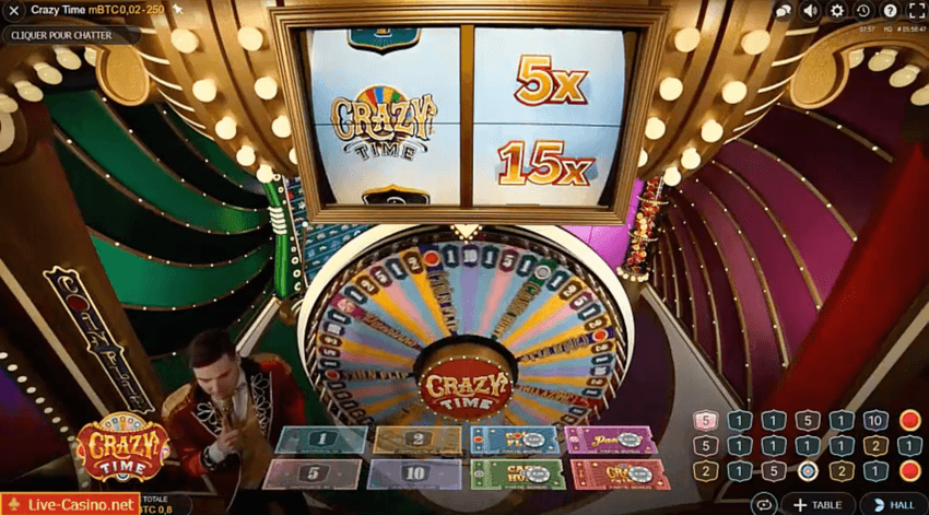 Crazy Time Wheel and Top Slot Gameplay Crazy Time gameplay showing the main wheel and Top Slot multipliers