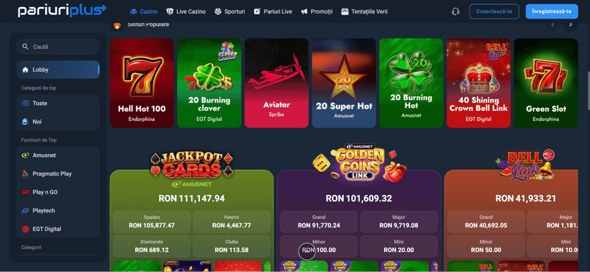 Lobby-ul PariuriPlus Casino cu sloturi populare și jackpoturi Jackpot Cards, Golden Coins Link și Bell Link