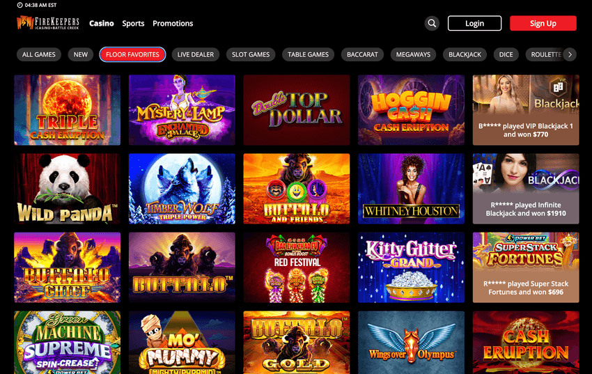 Screenshot of FireKeepers Michigan progressive jackpot slots section