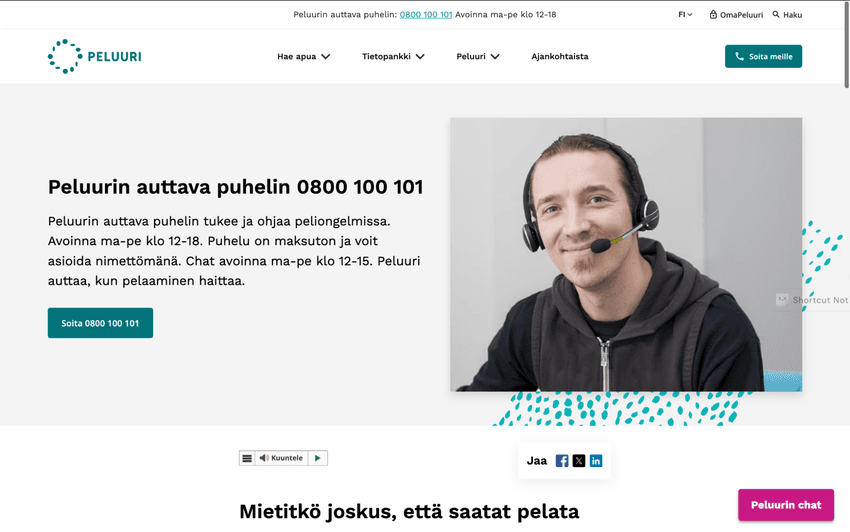 Peluuri-verkkosivuston etusivu