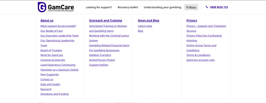 Explore GamCare Resources Website navigation links to GamCare’s support, outreach, and privacy sections