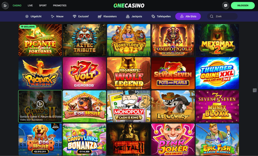 Screenshot van de slotssectie van One Casino met populaire gokkasten