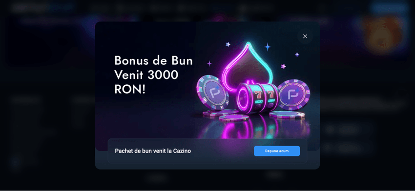 Fereastră promoțională PariuriPlus pentru bonusul de bun venit de 3.000 RON