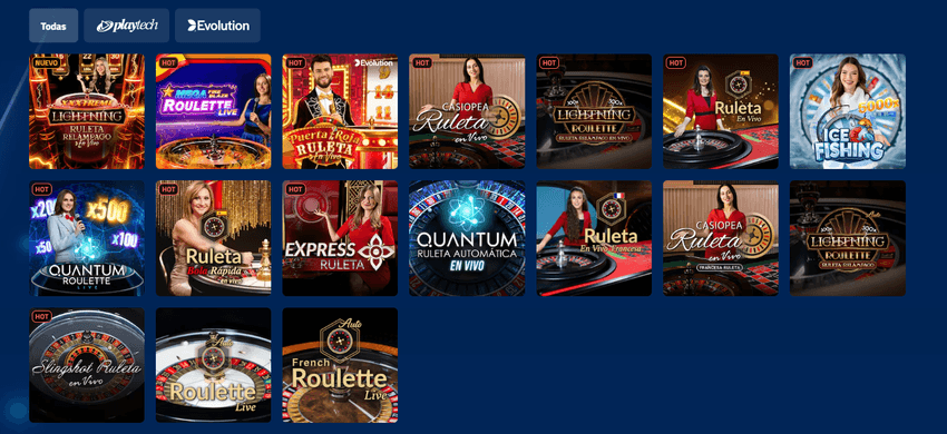 Sección de casino en vivo con ruleta y juegos con crupier real