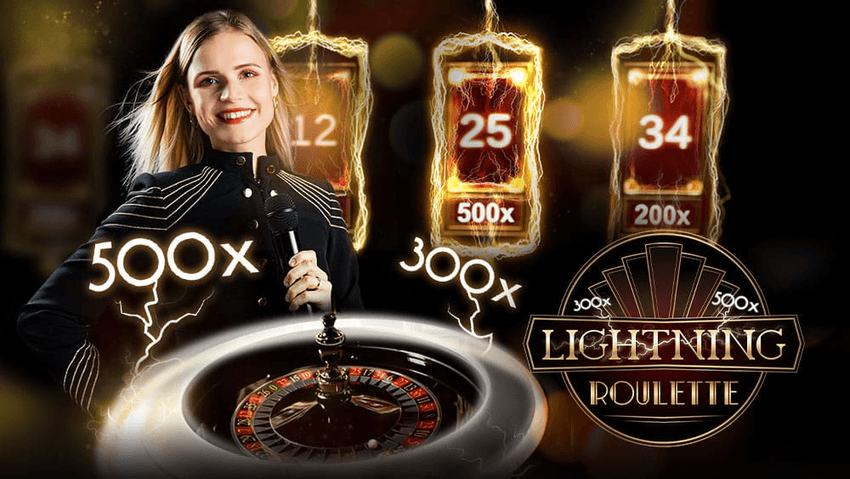 Lightning Roulette της Evolution με παρουσιάστρια, τροχό ρουλέτας και πολλαπλασιαστές έως 500x.