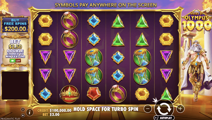 Gates of Olympus 1000 – Pragmatic Play Στιγμιότυπο του Gates of Olympus 1000 με πλέγμα 6×5 και σύμβολα πολύτιμων λίθων