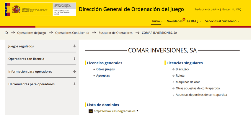 Licencias DGOJ de Casino Gran Via Captura de pantalla del buscador oficial de la DGOJ donde se muestran las licencias generales y singulares otorgadas a la entidad mercantil Comar Inversiones S.A.