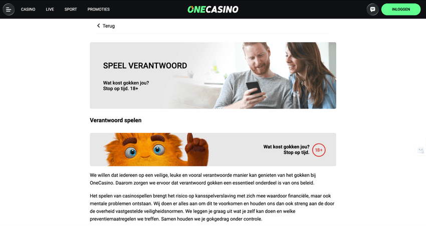 Screenshot van de verantwoord spelen pagina van One Casino