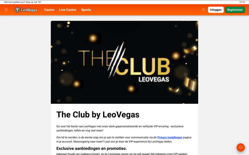 Screenshot van LeoVegas The CLUB loyaliteitsprogramma