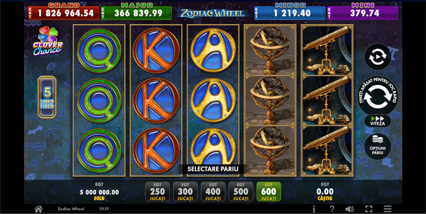 Interfața slotului Zodiac Wheel Clover Chance de la EGT Digital cu jackpot progresiv Clover Chance