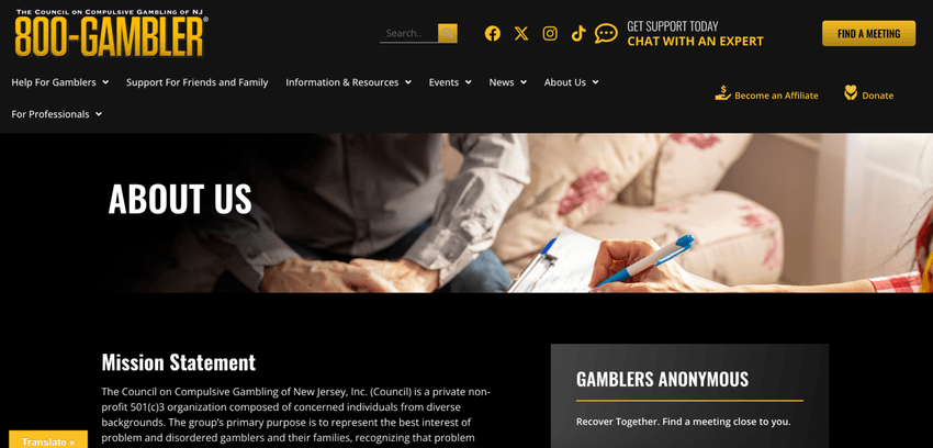 800-GAMBLER About Us page showing a counselor taking notes during a support session.