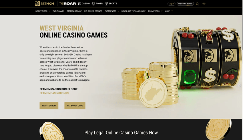 BetMGM Casino West Virginia official homepage screenshot Screenshot of the BetMGM Casino West Virginia main page with featured casino games and promotional banners.
