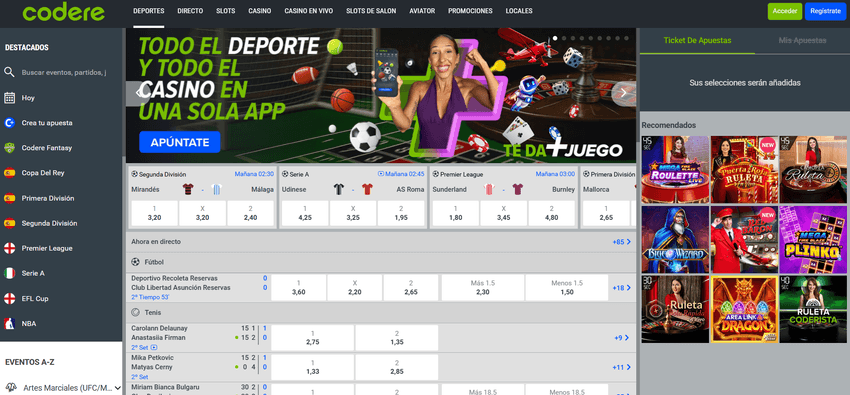 Inicio de Codere España Página principal de Codere España con apuestas deportivas y sección de casino.