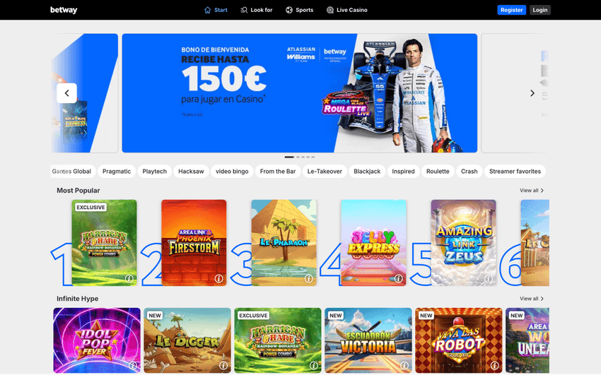 Captura de la página principal de Betway España con promociones de bienvenida