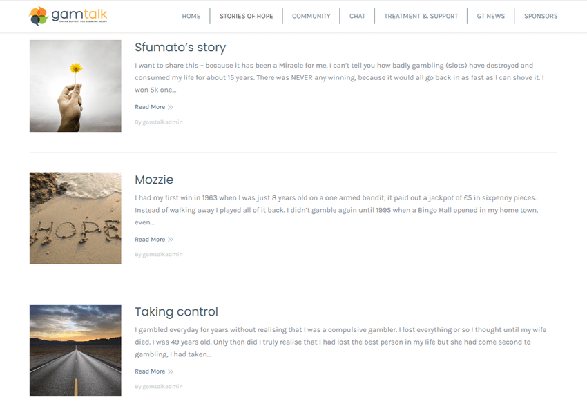 GamTalk Stories of Hope – Real Journeys of Recovery GamTalk Stories of Hope page with user recovery stories and inspirational posts.