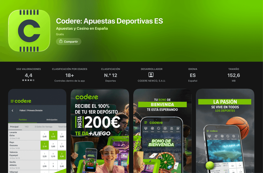 Ficha de la aplicación Codere: Apuestas Deportivas ES en la App Store.