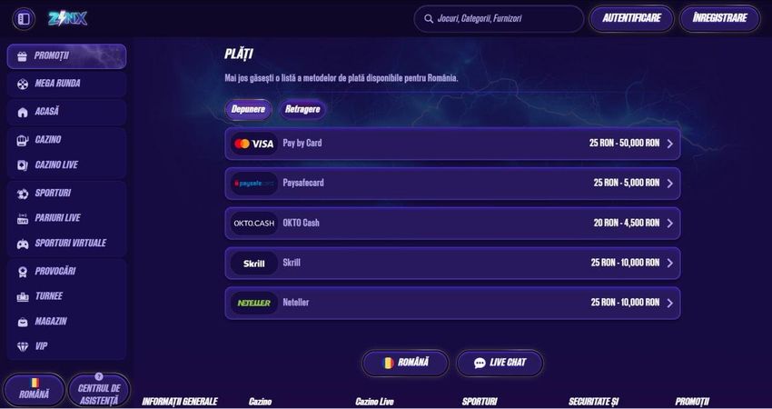 Metode de plată disponibile la Zinx Casino pentru jucătorii din România