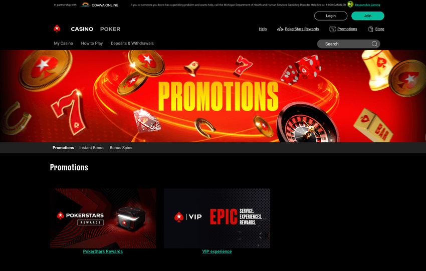 PokerStars Michigan online casino Promotions page featuring PokerStars Rewards program and VIP experience benefits.