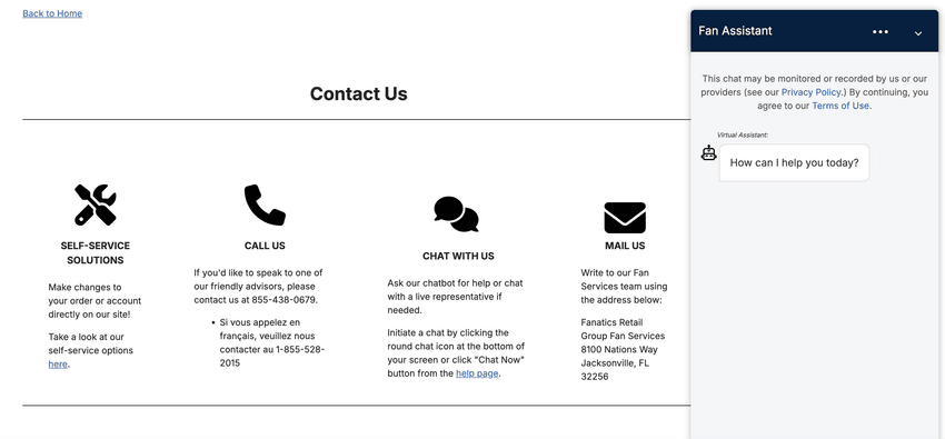 Fanatics Michigan contact page and live chat screenshot Screenshot of Fanatics Michigan showing customer support via live chat on the contact page