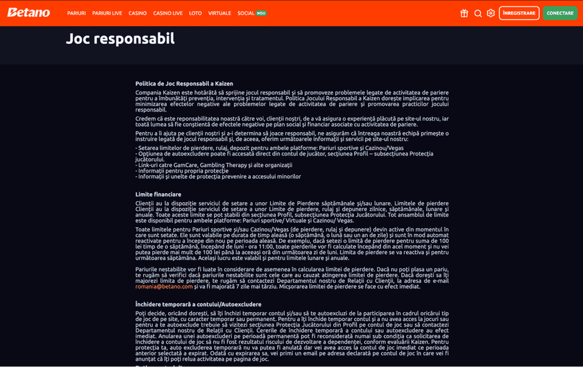 Pagina de joc responsabil Betano cu reguli și limite pentru jucători