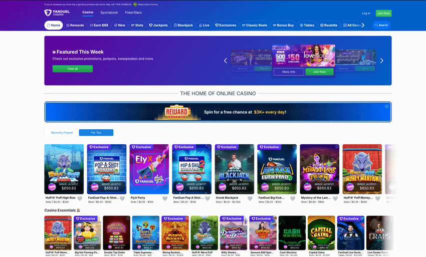 FanDuel Casino homepage showing featured games, promotions, and exclusive slots